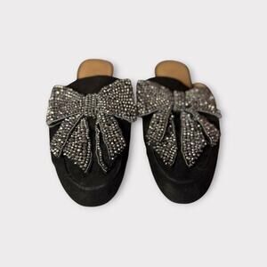 Black Rhinestone Bow Mules – Sparkly Slip-On Flats | Size 8 Velvet & Glam Look